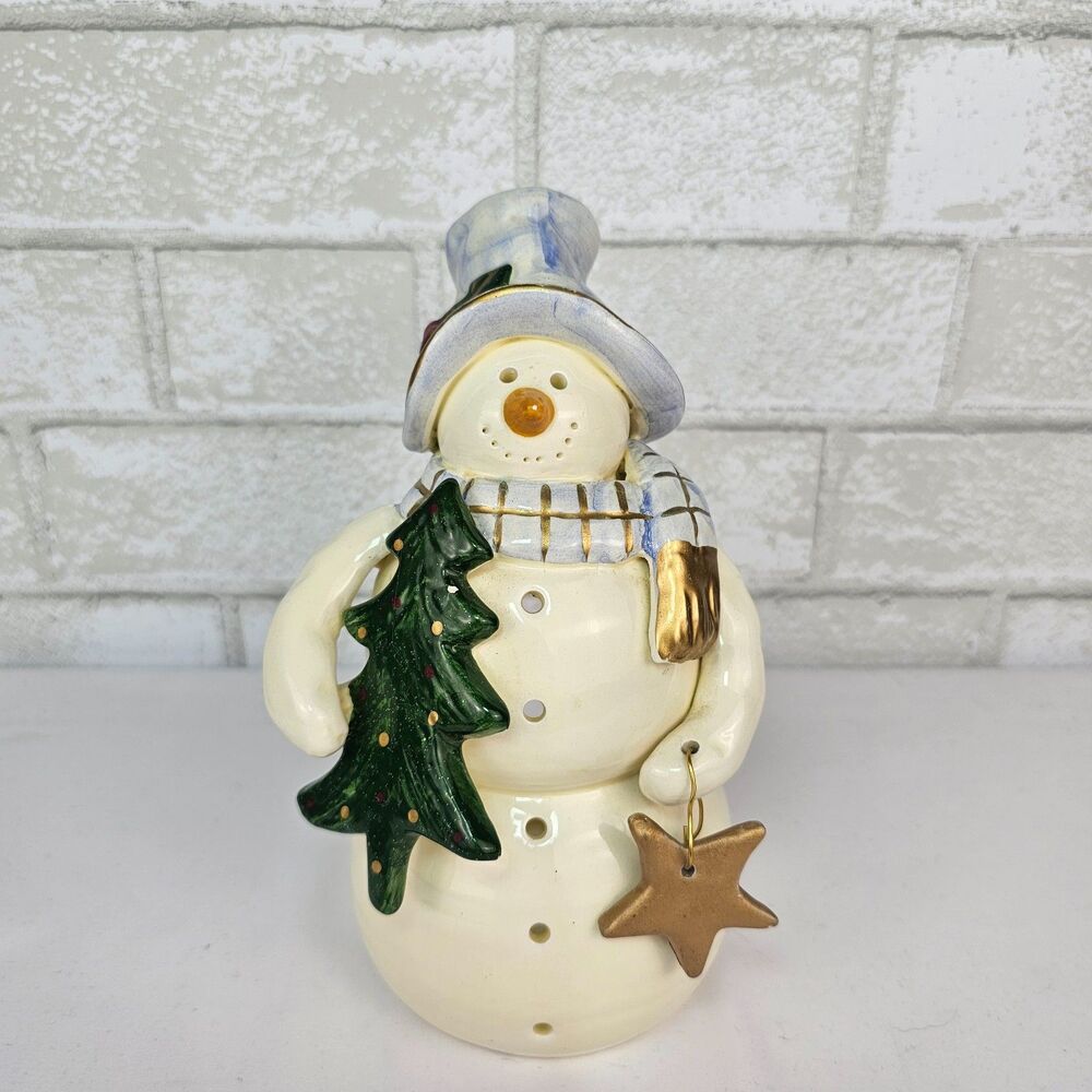 Crazy Mountain Snowman Candle Holder 8" Ceramic Christmas Tree Star Votive